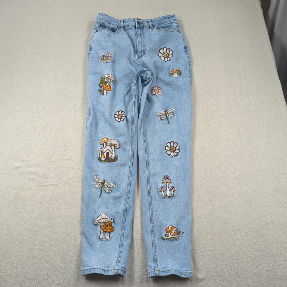 Hot Topic Jeans Womens 9 Blue Mushroom Embroidered Light Wash High Rise